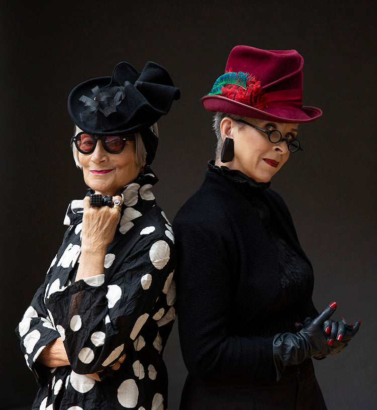 Idiosyncratic Fashionistas wearing custom hats from Cha Cha's House of Ill Repute, a NYC hat shop