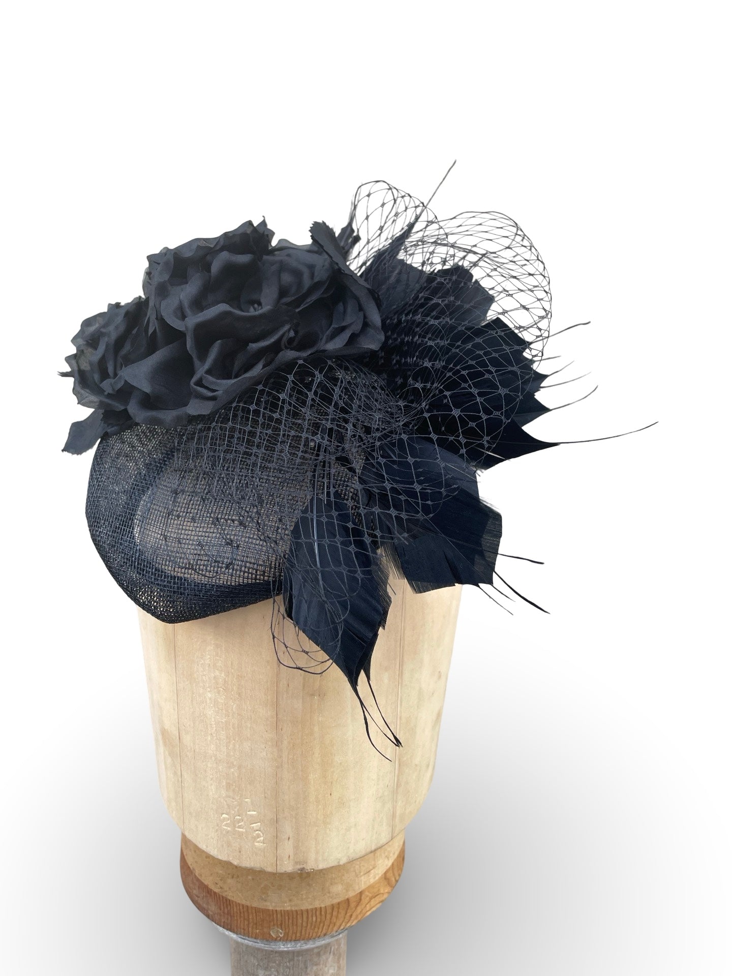 SInamay Pillox Fascinator trimmed with Feather Spray, Flower and Veiling