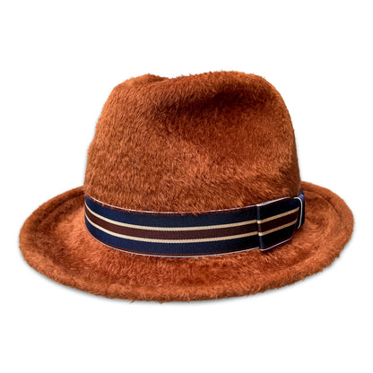 Rust fur felt stingy fedora with stripe trim. 