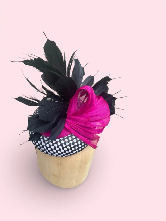 Black Lotus Fascinator - Check Pillbox with Feather & Bow