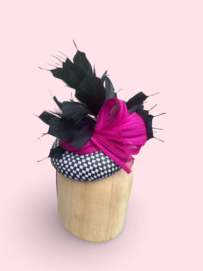 Black Lotus Fascinator - Check Pillbox with Feather & Bow