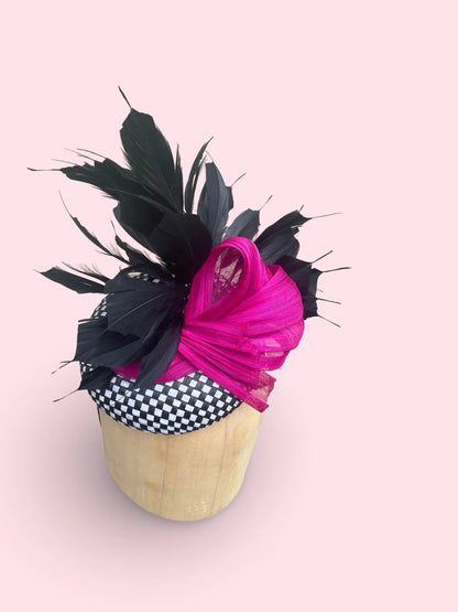 Black Lotus Fascinator - Check Pillbox with Feather & Bow