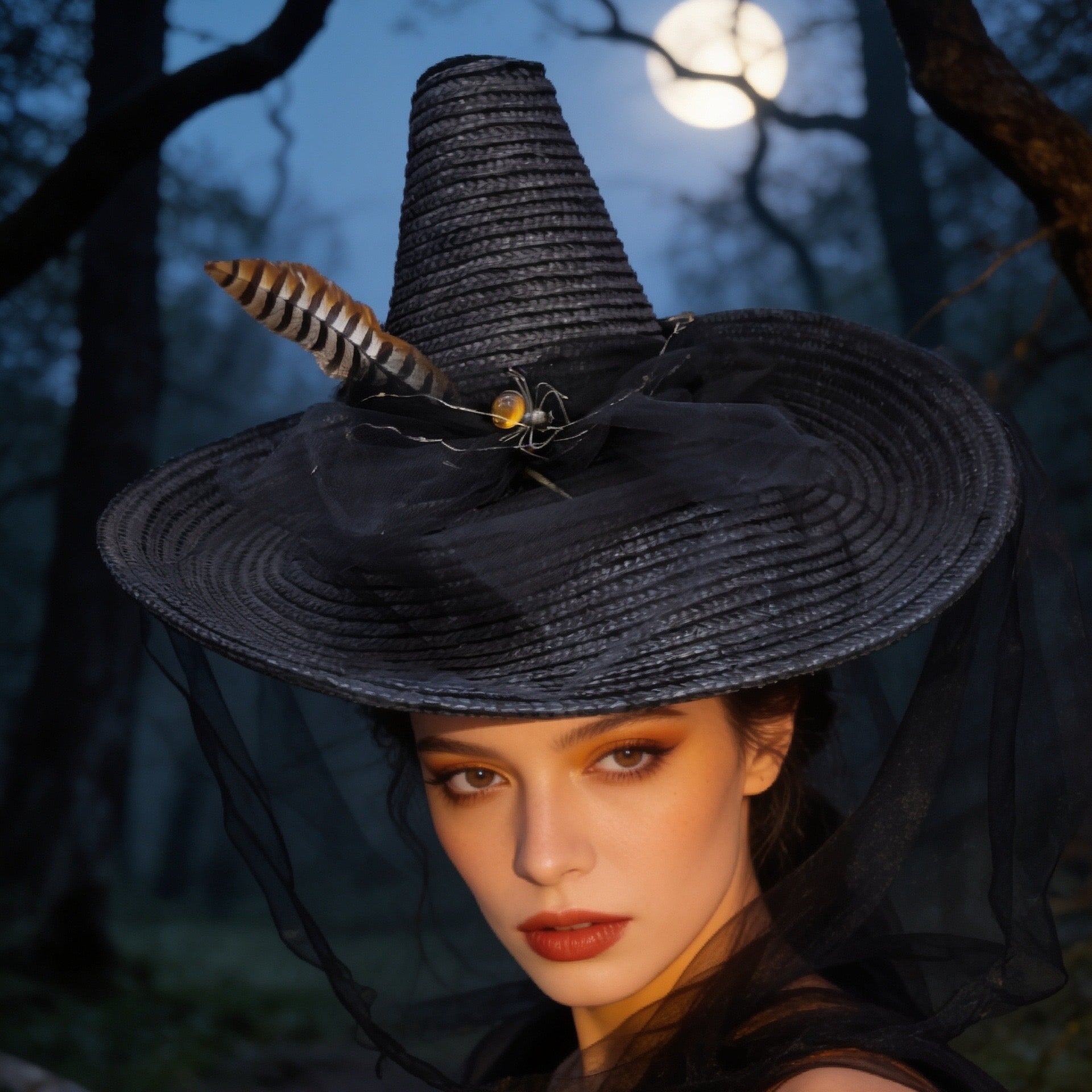 A woman wearing a large black witch-style hat with a feather and spider decoration, photographed outdoors in a dark forest at night under a full moon.