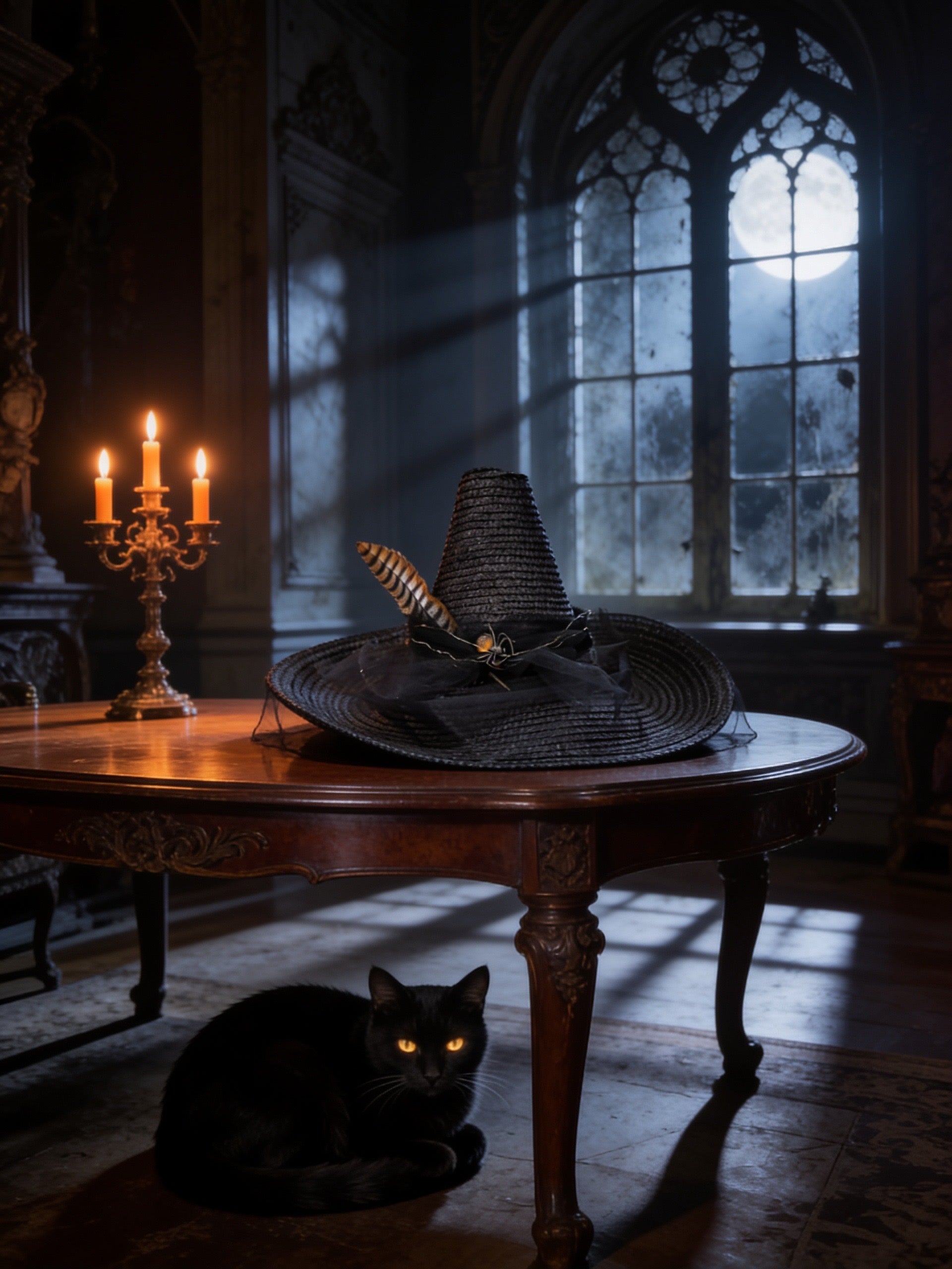 A black witch-style hat with a feather quill sits on a wooden table in a dimly lit gothic room, with a black cat lying underneath the table and a candelabra with lit candles to the left. Sunlight streams through a large arched window in the background.