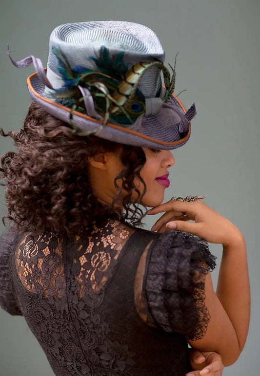Blue Devil - Ombre Top Hat with Peacock & Pheasant Feathers