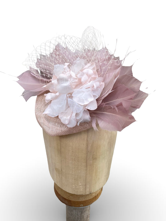 SInamay Pillox Fascinator trimmed with Feather Spray, Flower and Veiling