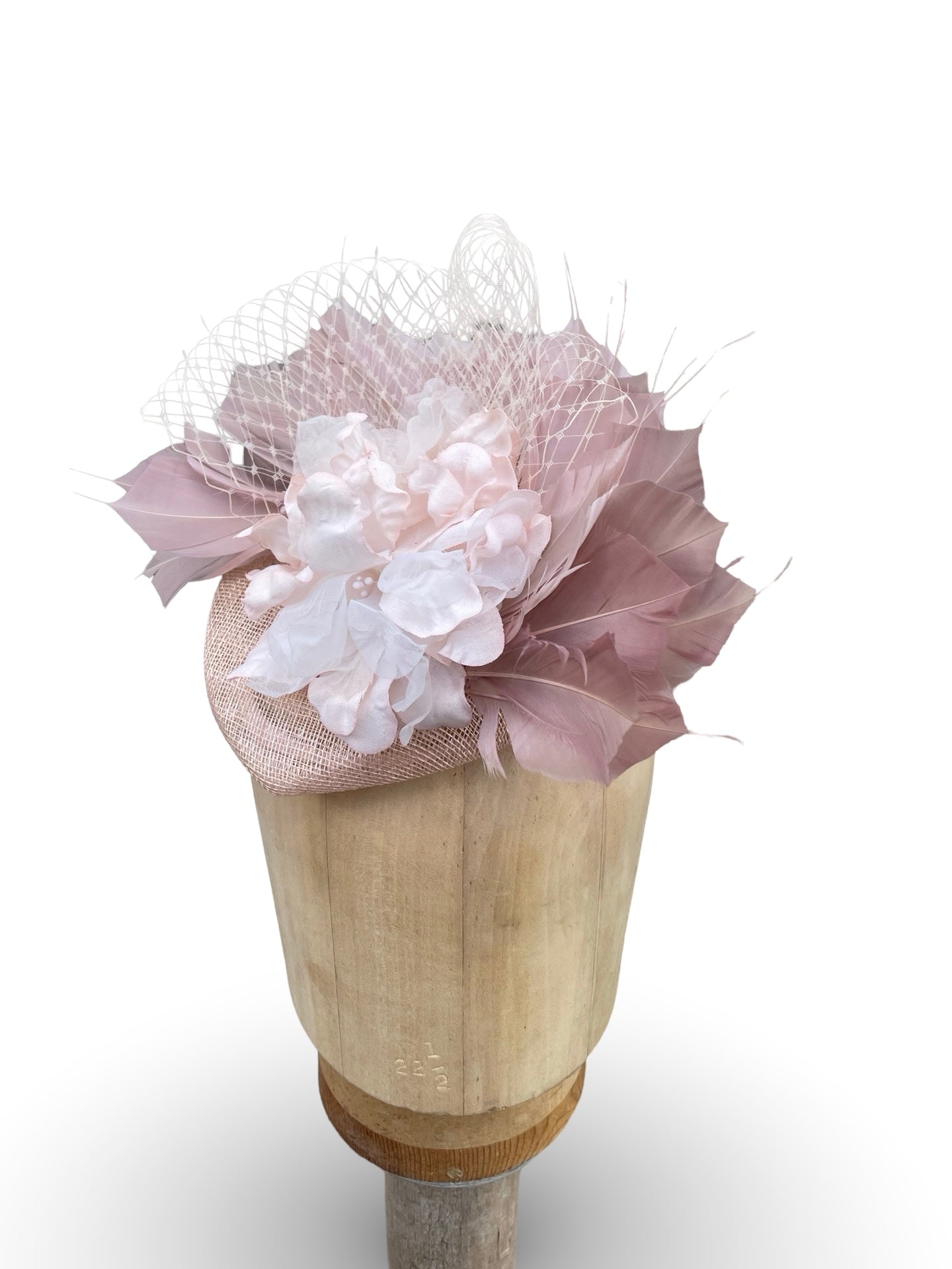 SInamay Pillox Fascinator trimmed with Feather Spray, Flower and Veiling