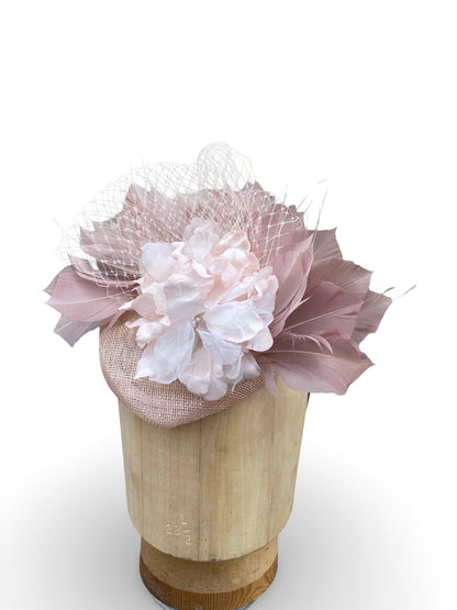 SInamay Pillox Fascinator trimmed with Feather Spray, Flower and Veiling