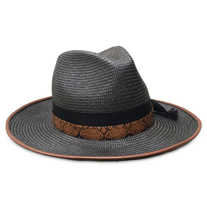 Black straw fedora with chocolate leather piping. Black ribbon trim overlaid with lizard layer. Center dent crown with three inch brim.