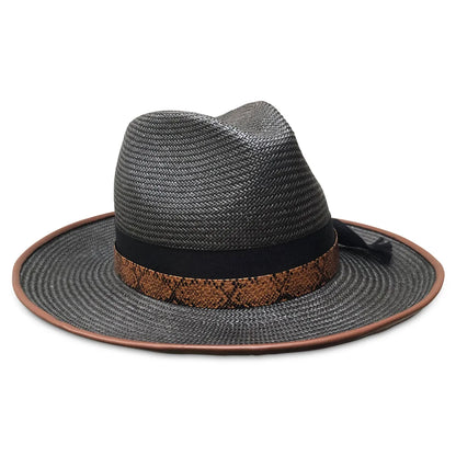 Buckeye - Black Straw Fedora with Cognac Leather Piping