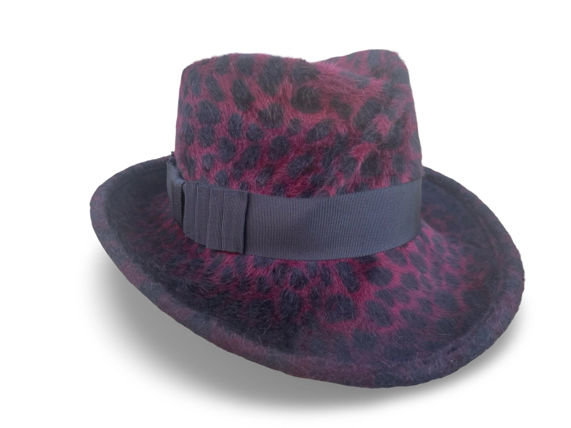 Burgundy Leopard Fedora with black grosgrain trim. Right Side View