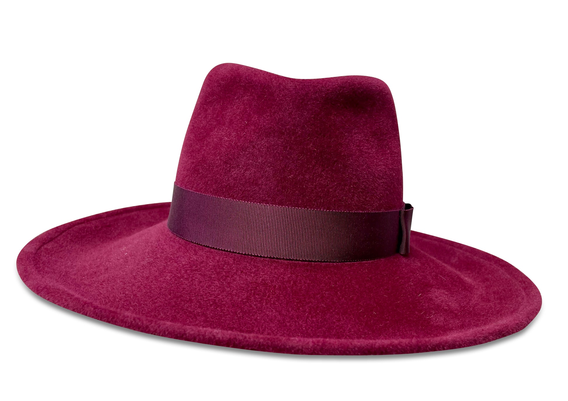 Wine velour felt fedora with matching ribbon trim.