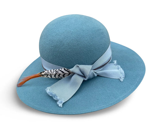 Carol Swinger - Smoky Blue Felt Swinger with Grosgrain & Feather Trim