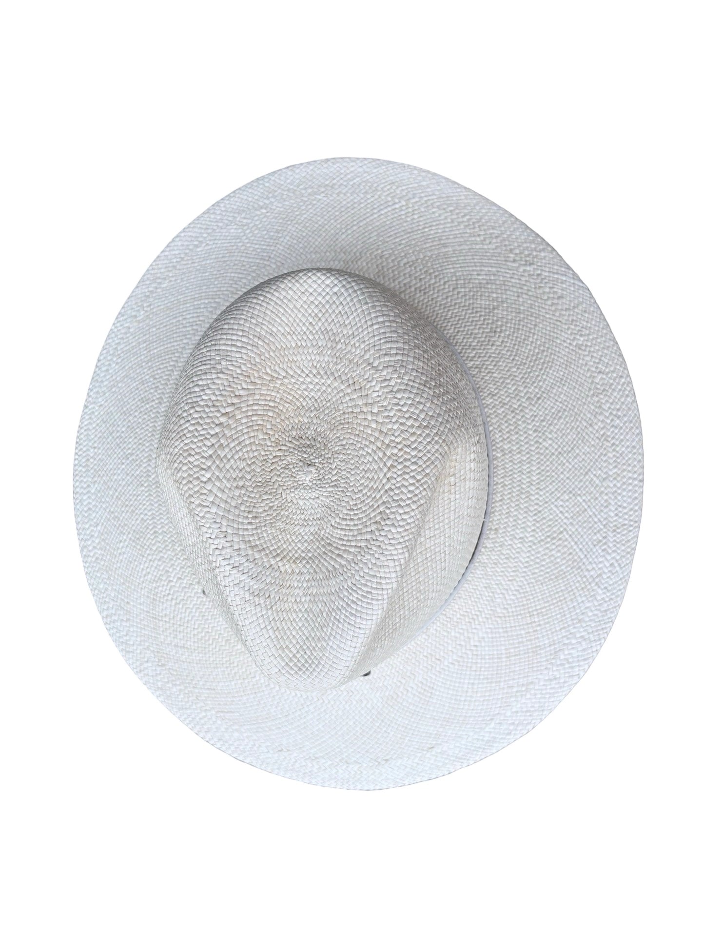 Ivory panama straw hat with a matching vegan band on a white background