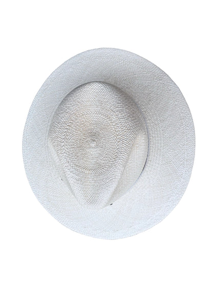 Ivory panama straw hat with a matching vegan band on a white background