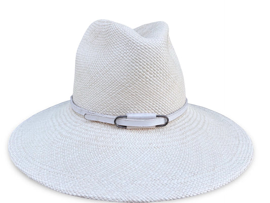 Ivory panama straw hat with a matching vegan band on a white background