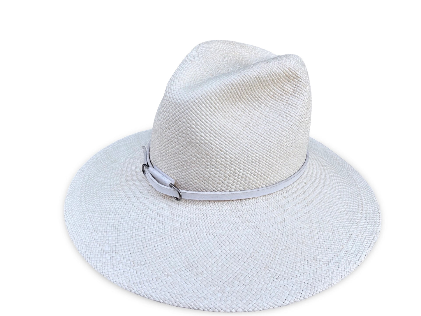 Ivory panama straw hat with a matching vegan band on a white background