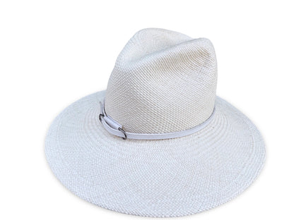 Ivory panama straw hat with a matching vegan band on a white background
