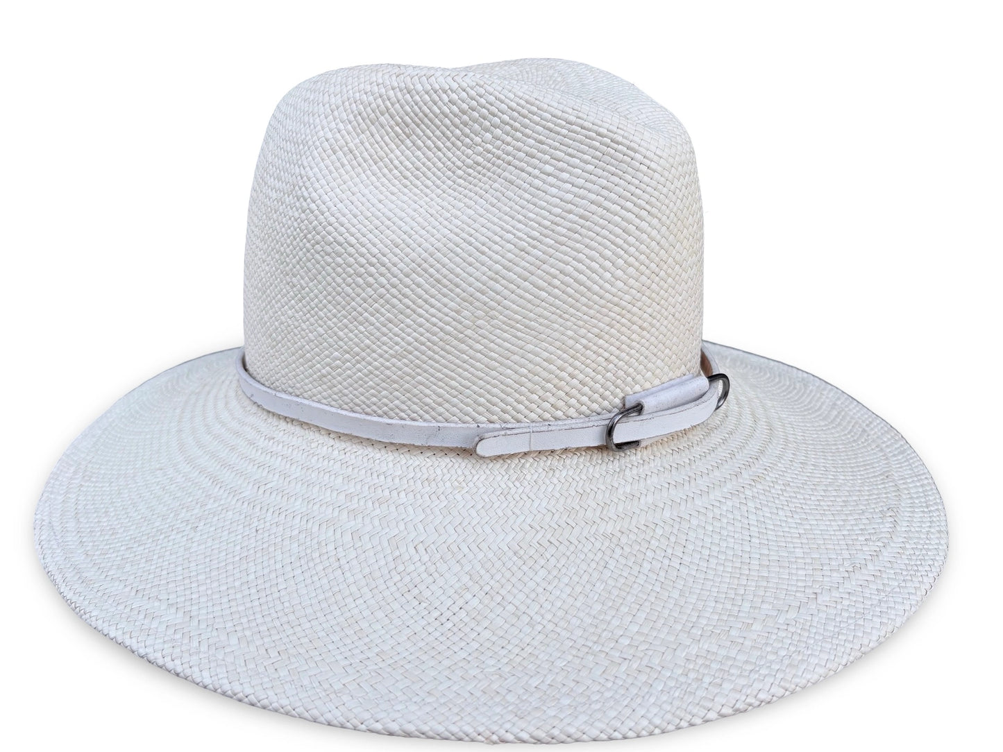 Ivory panama straw hat with a matching vegan band on a white background