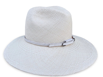 Ivory panama straw hat with a matching vegan band on a white background