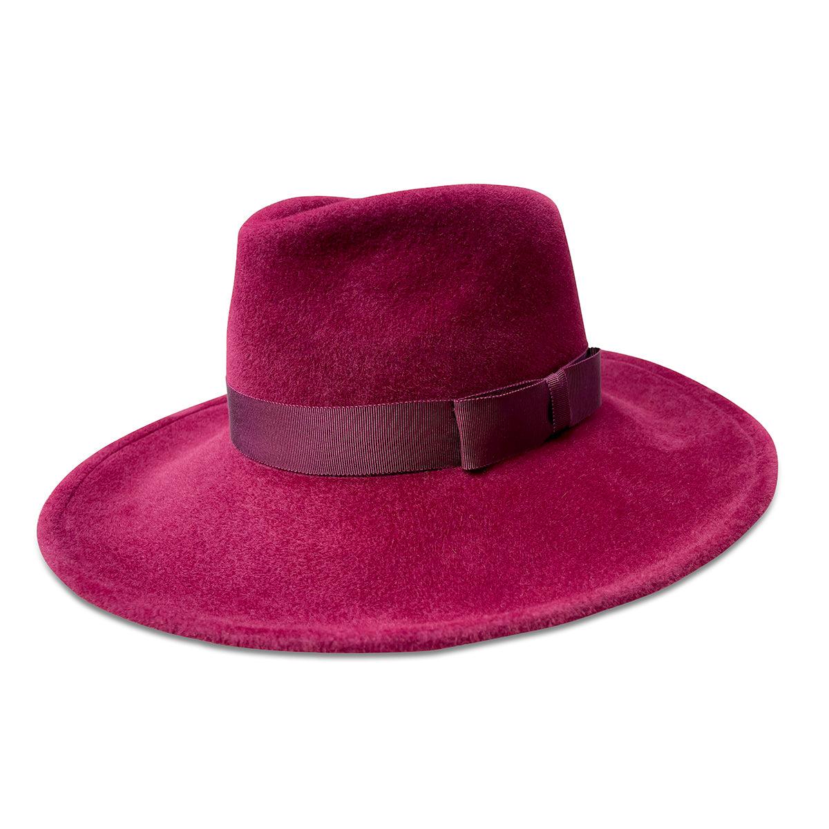Wine velour felt fedora with matching ribbon trim. 
