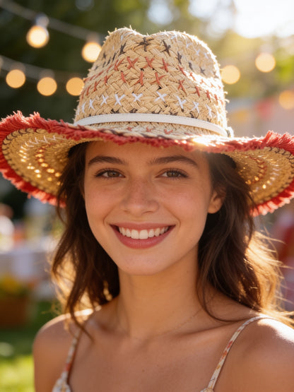 A smiling woman outdoors wearing a woven straw cowboy hat with red fringe trim and embroidered details on the crown.