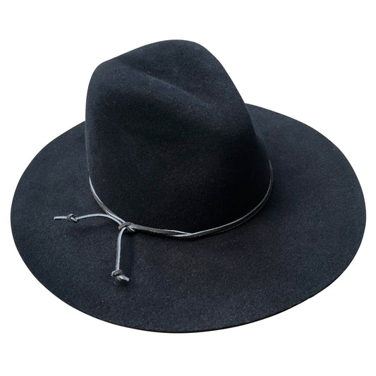 Black wool felt fedora with suede cord trim
