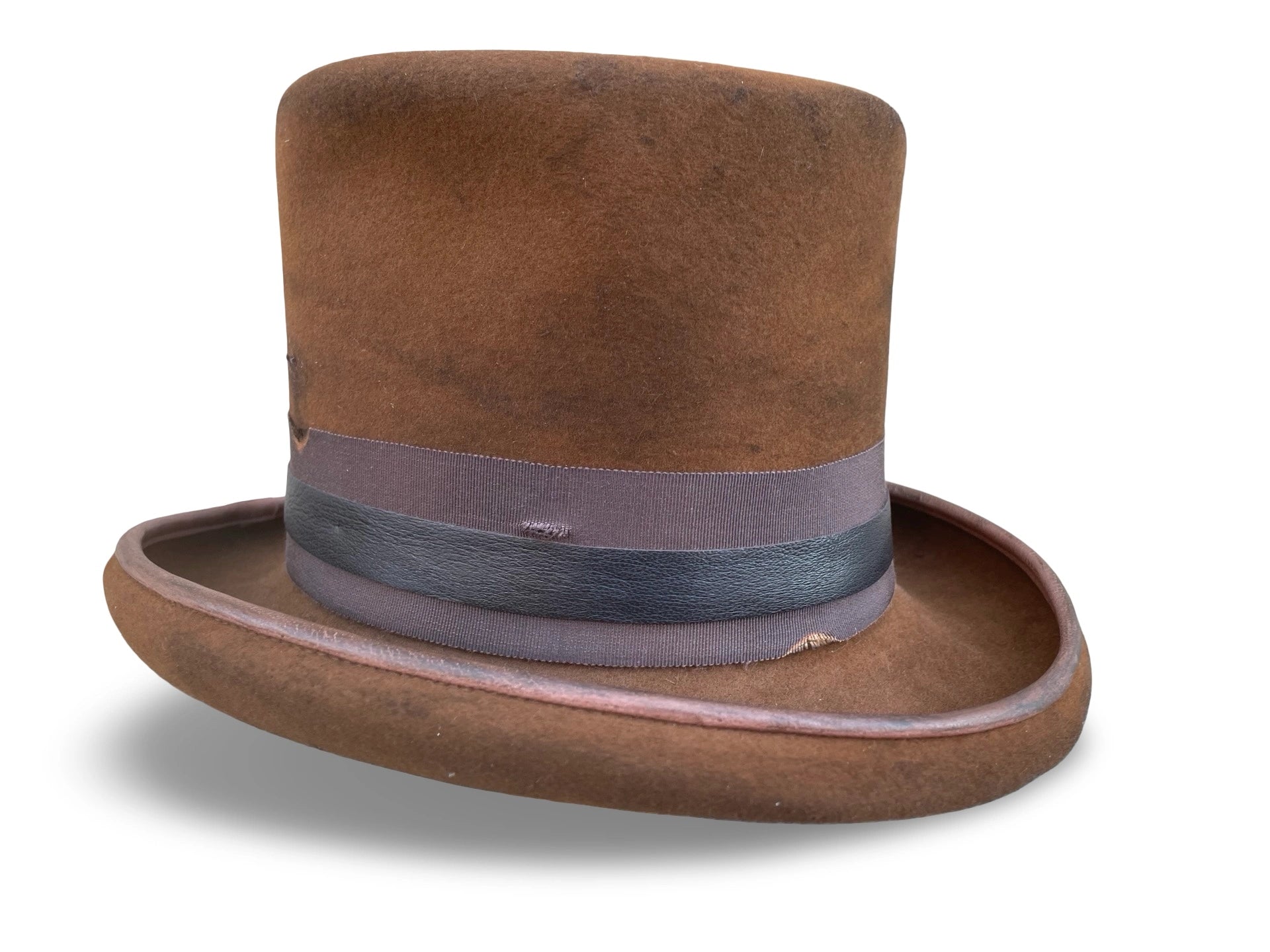 Distressed Tobacco Top hat with leather trim. Right side view