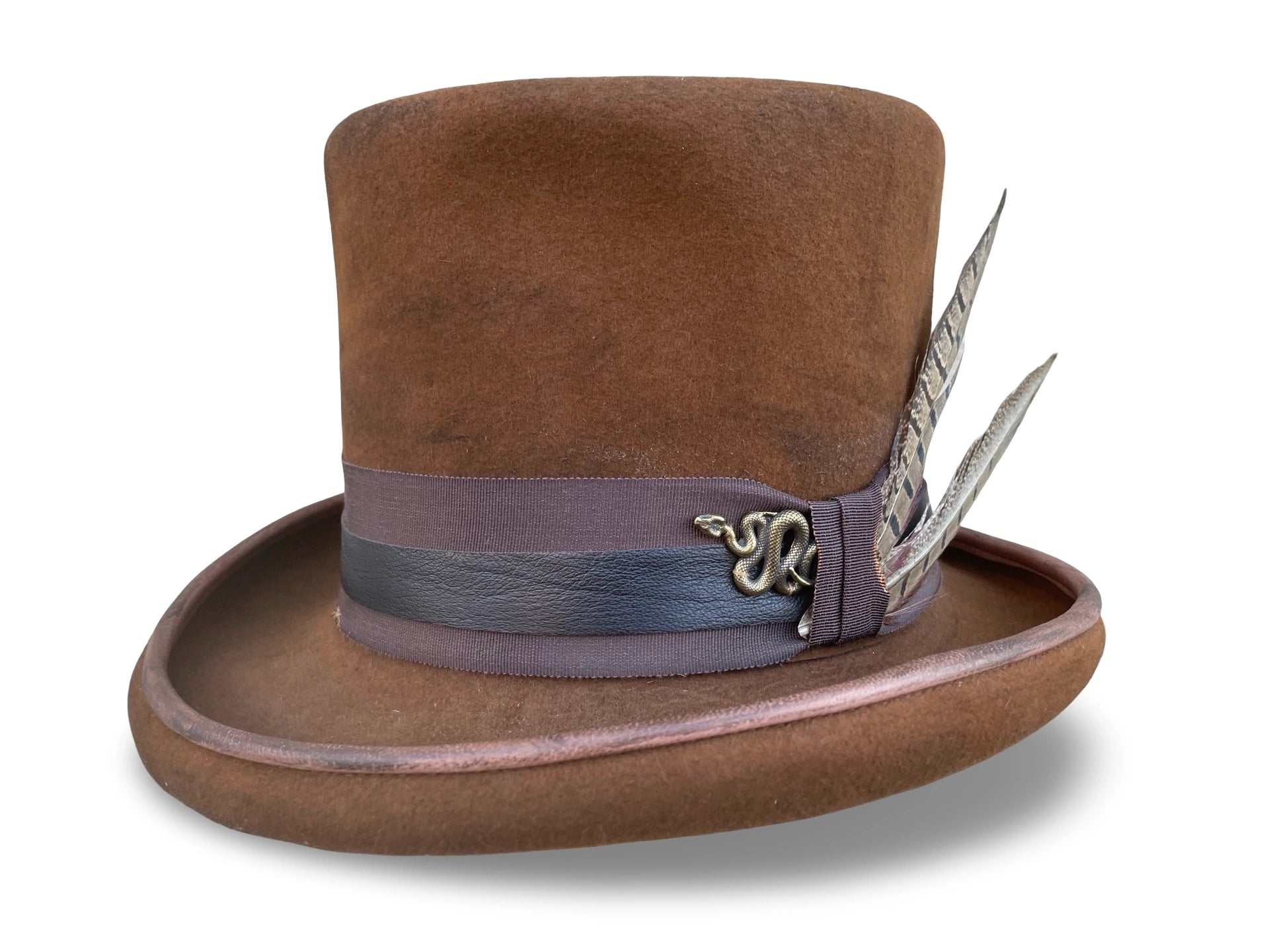 Distressed Tobacco Top Hat with Leather piping and brass snake charm.