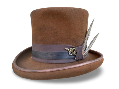 Distressed Tobacco Top Hat with Leather piping and brass snake charm.