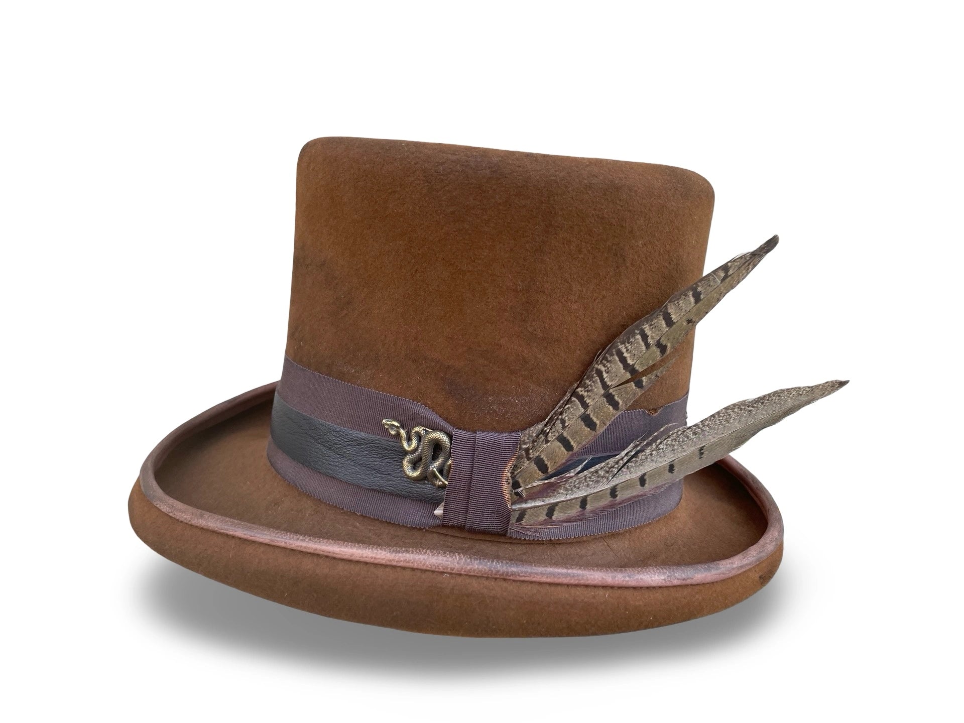 Distressed Tobacco Top Hat with leather piping and grosgrain trim. Left Side
