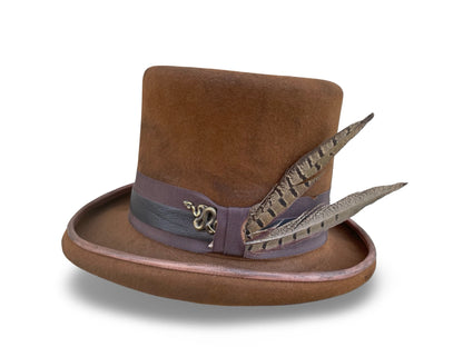 Distressed Tobacco Top Hat with leather piping and grosgrain trim. Left Side