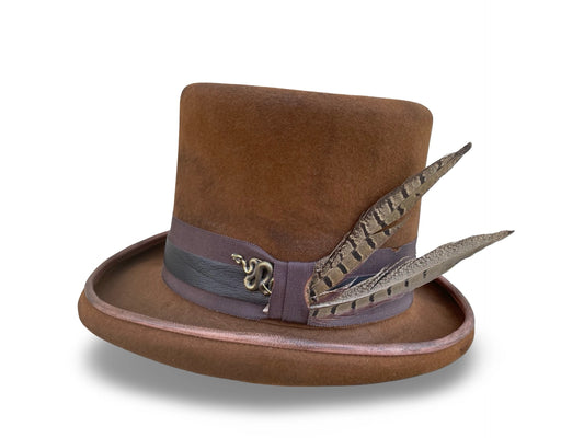 Distressed Tobacco Top Hat with leather piping and grosgrain trim. Left Side