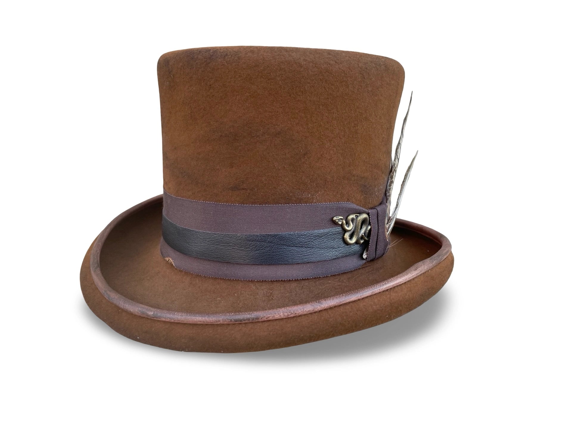 Distressed Top Hat with leather piping and trim. Brass snake charm detail. Front view