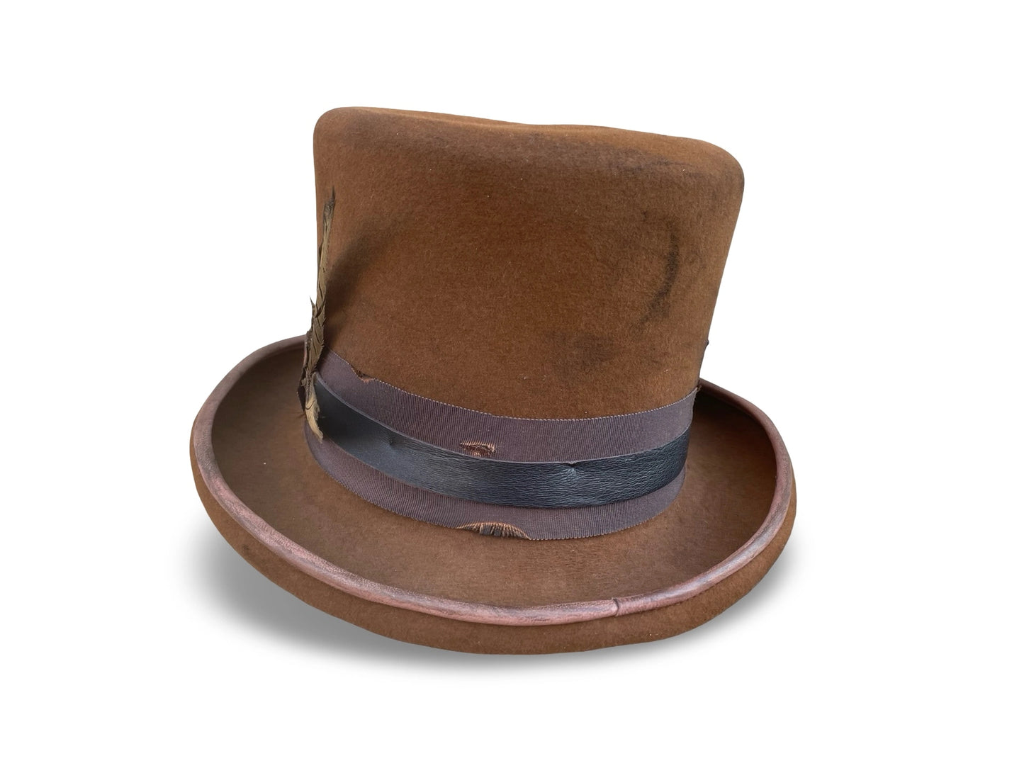 Distressed tobacco fur felt top hat with leather trim. Back view