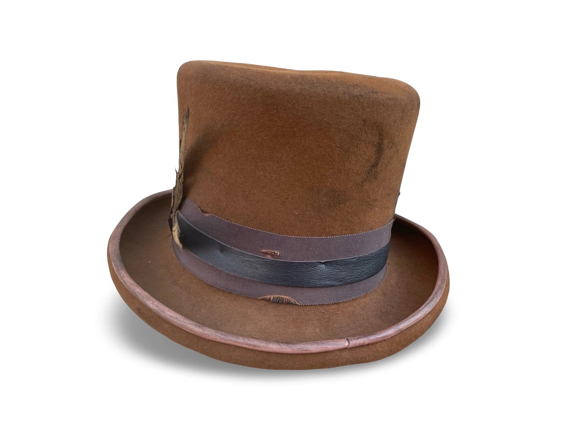 Distressed tobacco fur felt top hat with leather trim. Back view