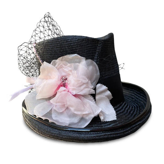 Derby Devil - Black Straw Top Hat with Pleated Crown & Pink Rose