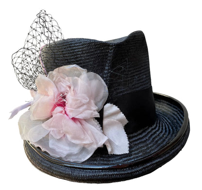 Derby Devil - Black Straw Top Hat with Pleated Crown & Pink Rose