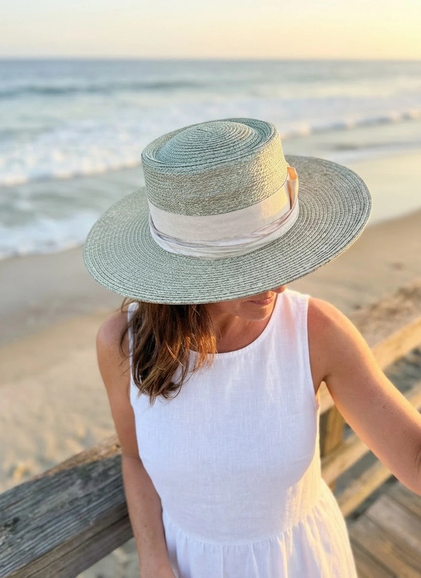 Gray Straw Boater with matching trim