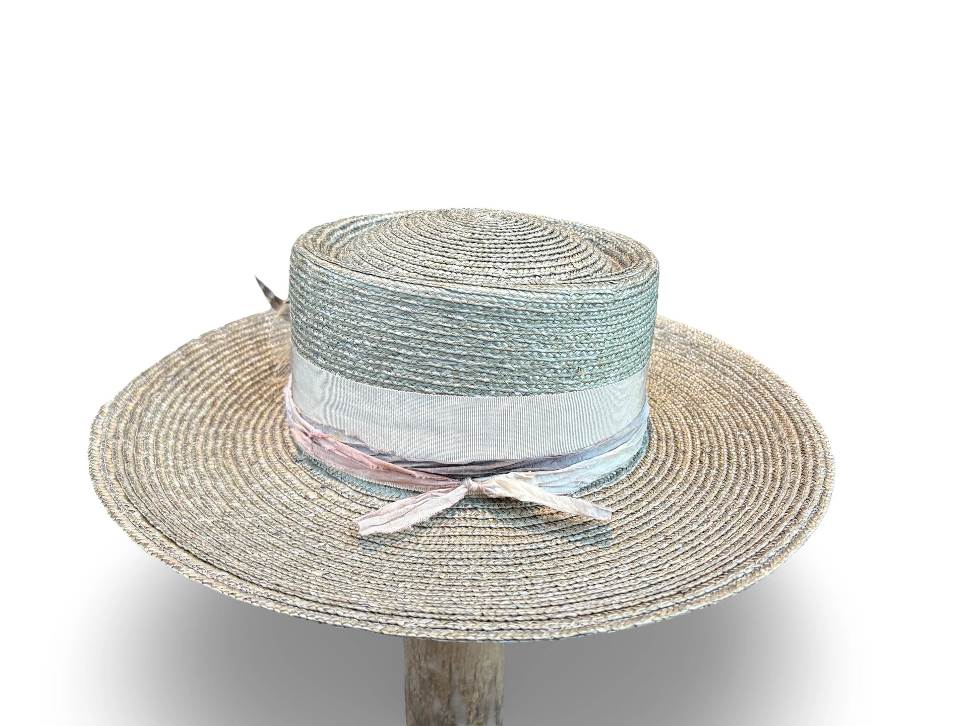 Woven straw hat with a tonal band on a white background - Side View
