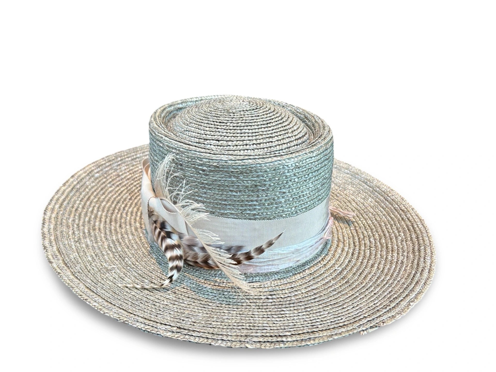 Woven straw hat with a tonal band and feathers on a white background - Back view