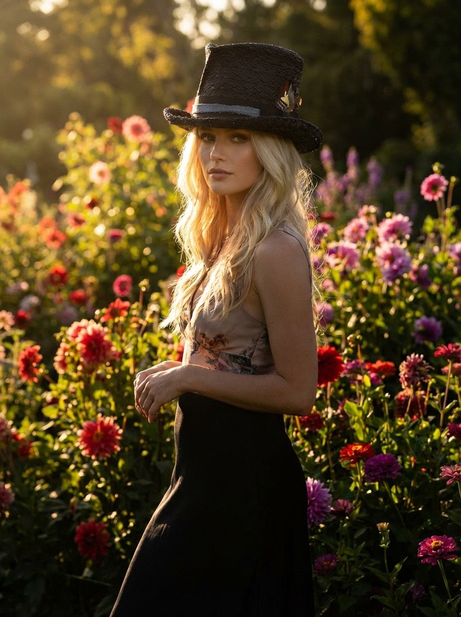 Woman in a top hat standing in a field of flowers