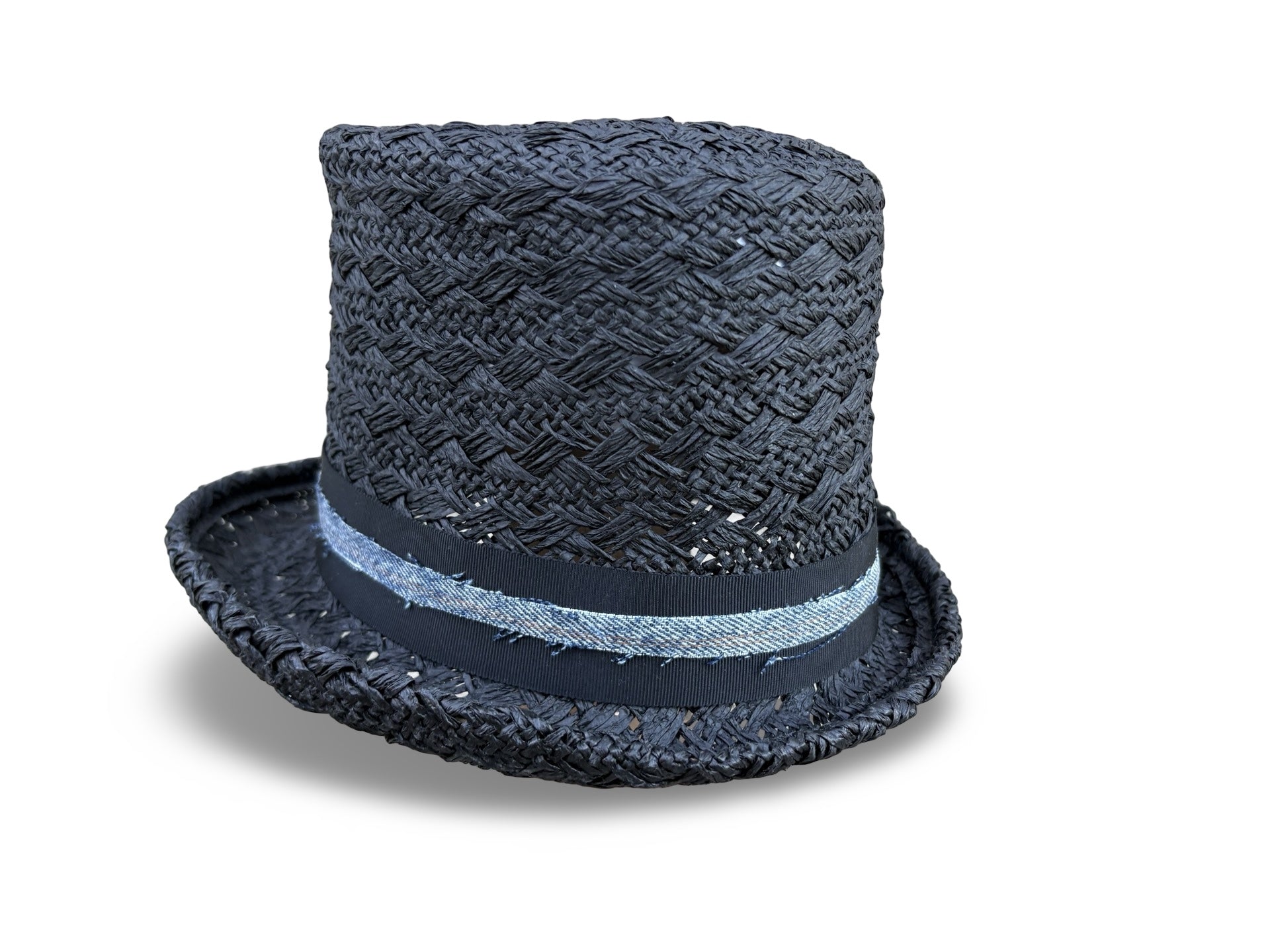 Black woven top hat with a denim band on a white background