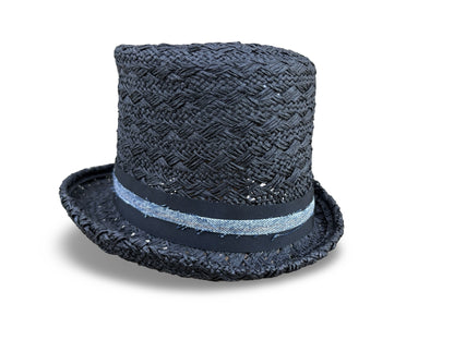 Black woven top hat with a denim band on a white background