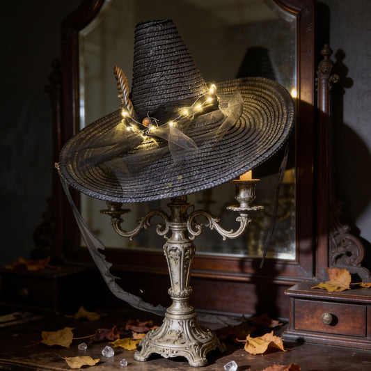 A black woven wide-brim hat with a feather and fairy lights, displayed on an ornate silver candelabra atop a dark wooden dresser in front of a vintage mirror.