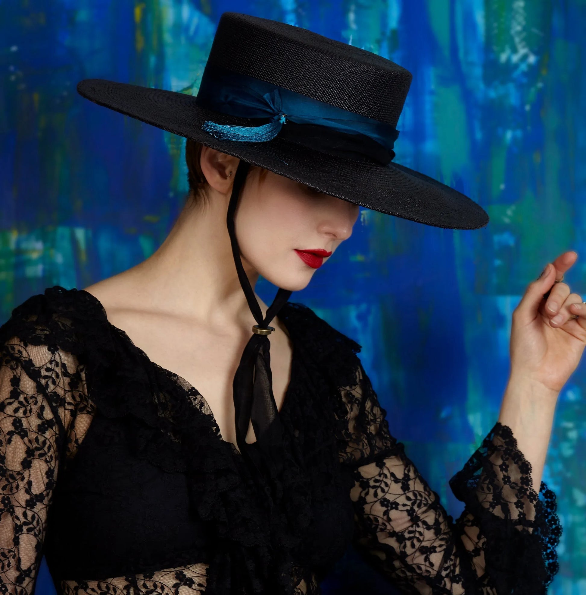 Escape - Black Panama Bolero with Ombre Chin Ribbon