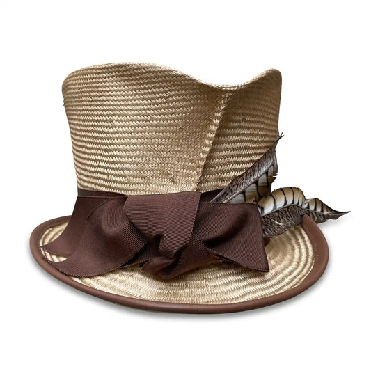 Evelyn - Exaggerated Straw Top Hat with Feathers & Lambskin Trim