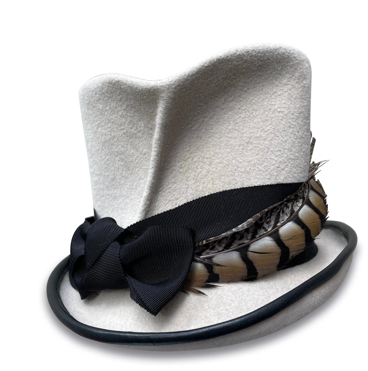 Faye Top Hat - White Fur Felt with Feather & Grosgrain Trim