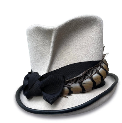 Faye Top Hat - White Fur Felt with Feather & Grosgrain Trim