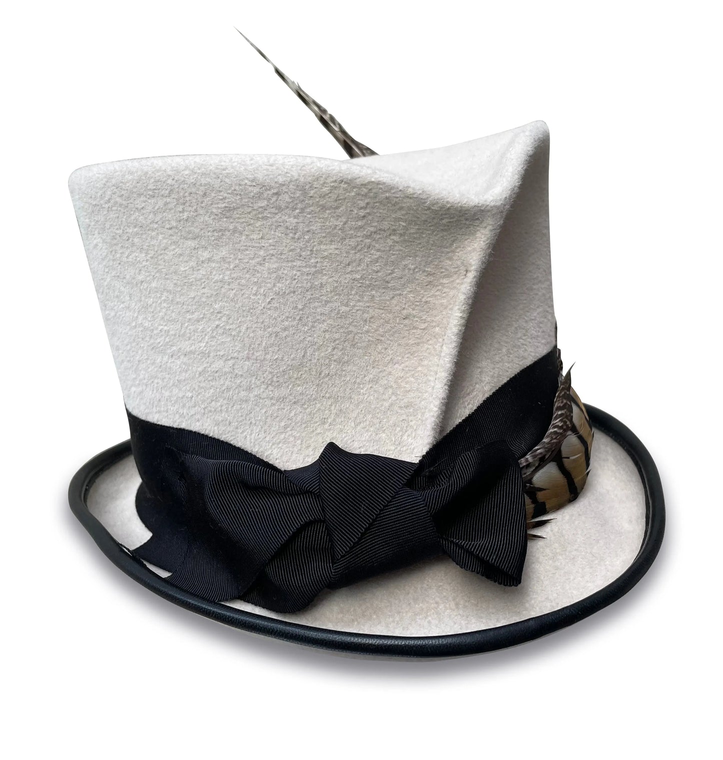 Faye Top Hat - White Fur Felt with Feather & Grosgrain Trim